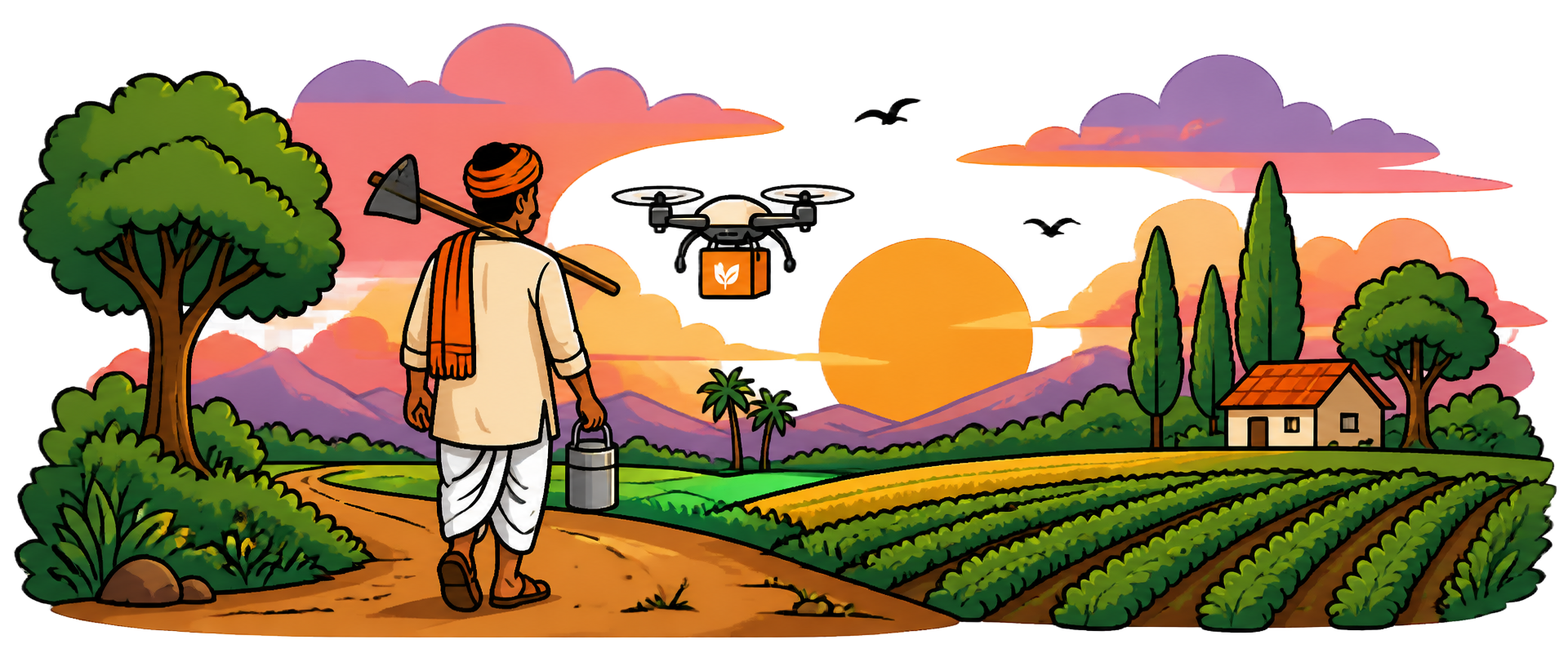 Farmer walking home at sunset